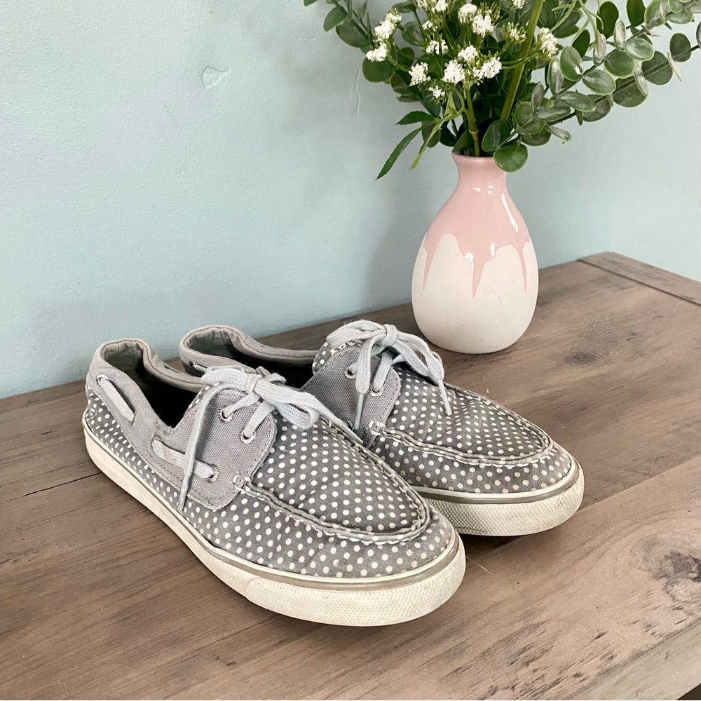 Grey & White Polka Dot Sperry Women’s Boat Shoes Size 8.5